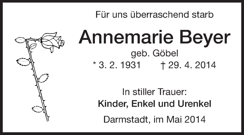  Traueranzeige für Annemarie Beyer vom 10.05.2014 aus Echo-Zeitungen (Gesamtausgabe)