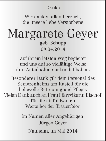 Traueranzeige von Margarete Geyer von Rüsselsheimer Echo, Groß-Gerauer-Echo, Ried Echo