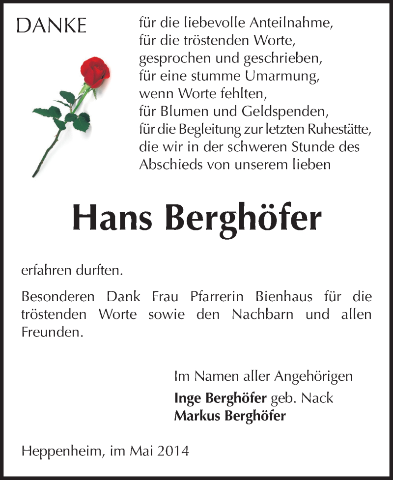  Traueranzeige für Hans Berghöfer vom 08.05.2014 aus Starkenburger Echo