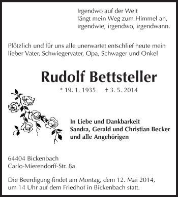 Traueranzeige von Rudolf Bettsteller von Echo-Zeitungen (Gesamtausgabe)
