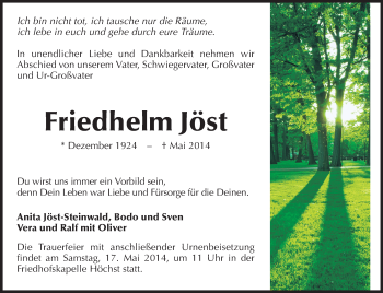 Traueranzeige von Friedhelm Jöst von Odenwälder Echo