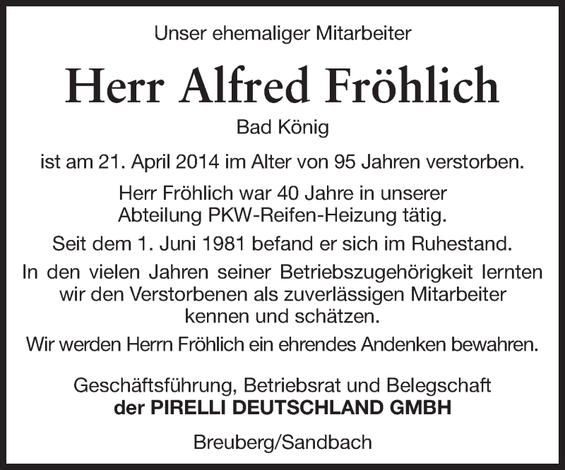  Traueranzeige für Alfred Fröhlich vom 07.05.2014 aus Odenwälder Echo