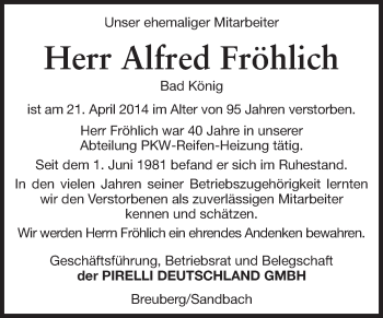 Traueranzeige von Alfred Fröhlich von Odenwälder Echo