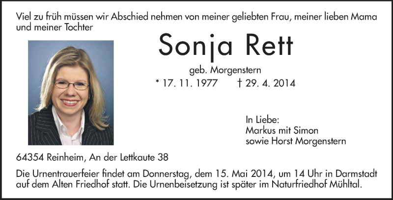  Traueranzeige für Sonja Rett vom 10.05.2014 aus Echo-Zeitungen (Gesamtausgabe)