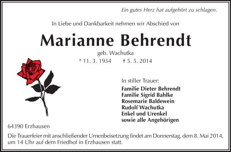 Traueranzeige für Marianne Behrendt vom 07.05.2014 aus Echo-Zeitungen (Gesamtausgabe)