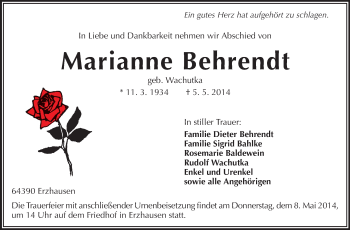 Traueranzeige von Marianne Behrendt von Echo-Zeitungen (Gesamtausgabe)