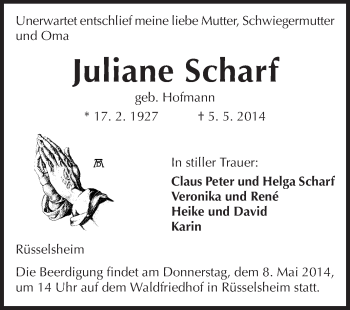 Traueranzeige von Juliane Scharf von Rüsselsheimer Echo, Groß-Gerauer-Echo, Ried Echo