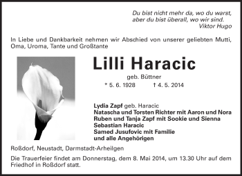 Traueranzeige von Lilli Haracic von Echo-Zeitungen (Gesamtausgabe)