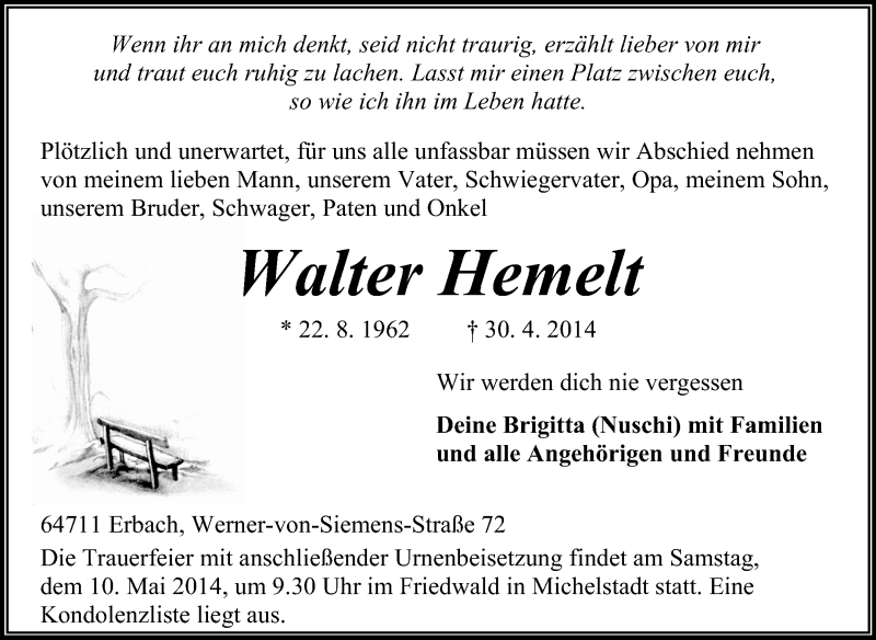  Traueranzeige für Walter Hemelt vom 07.05.2014 aus Odenwälder Echo