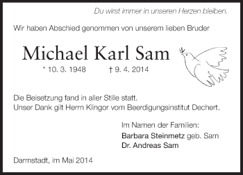 Traueranzeige von Michael Karl Sam von Echo-Zeitungen (Gesamtausgabe)