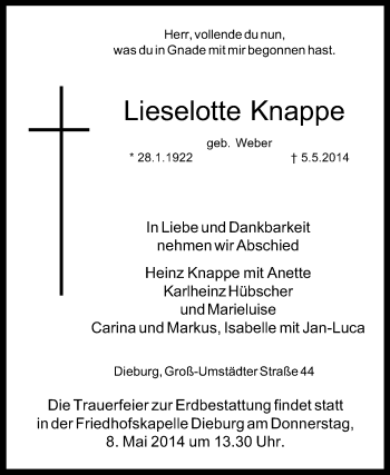 Traueranzeige von Lieselotte Knappe von Echo-Zeitungen (Gesamtausgabe)
