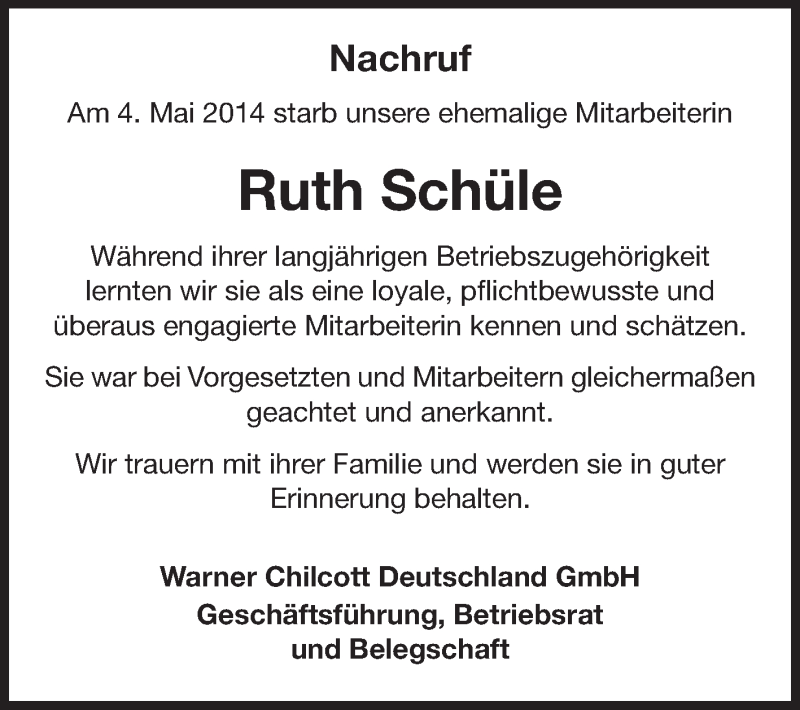  Traueranzeige für Ruth Schüle vom 10.05.2014 aus Echo-Zeitungen (Gesamtausgabe)
