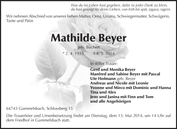 Traueranzeige von Mathilde Beyer von Odenwälder Echo