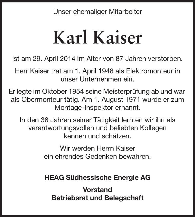  Traueranzeige für Karl Kaiser vom 10.05.2014 aus Echo-Zeitungen (Gesamtausgabe)