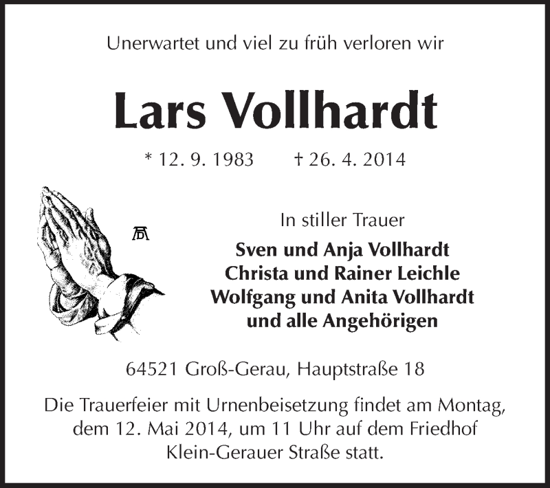  Traueranzeige für Lars Vollhardt vom 08.05.2014 aus Rüsselsheimer Echo, Groß-Gerauer-Echo, Ried Echo