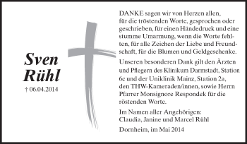 Traueranzeige von Sven Rühl von Rüsselsheimer Echo, Groß-Gerauer-Echo, Ried Echo