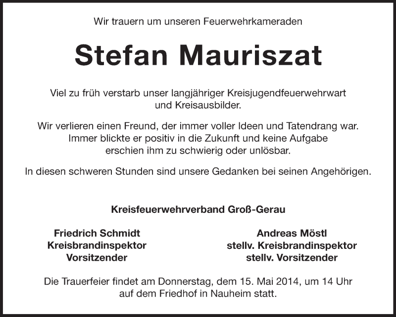 Traueranzeige für Stefan Mauriszat vom 10.05.2014 aus Rüsselsheimer Echo, Groß-Gerauer-Echo, Ried Echo