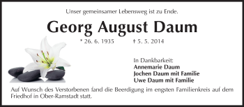 Traueranzeige von Georg August Daum von Darmstädter Echo, Odenwälder Echo, Rüsselsheimer Echo, Groß-Gerauer-Echo, Ried Echo
