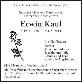 Traueranzeige von Erwin Kaul von Rüsselsheimer Echo, Groß-Gerauer-Echo, Ried Echo