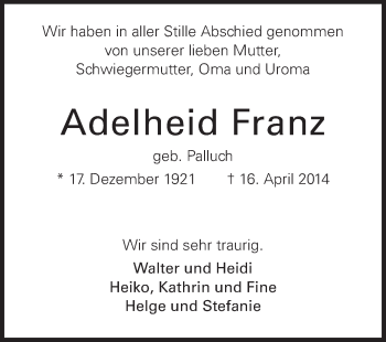 Traueranzeige von Adelheid Franz von Echo-Zeitungen (Gesamtausgabe)