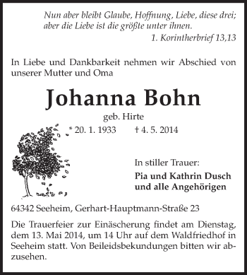Traueranzeige von Johanna Bohn von Echo-Zeitungen (Gesamtausgabe)