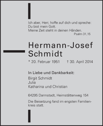Traueranzeige von Hermann-Josef Schmidt von Echo-Zeitungen (Gesamtausgabe)