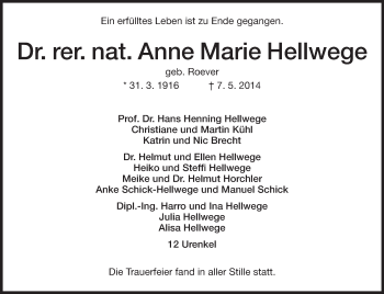 Traueranzeige von Anne Marie Hellwege von Echo-Zeitungen (Gesamtausgabe)