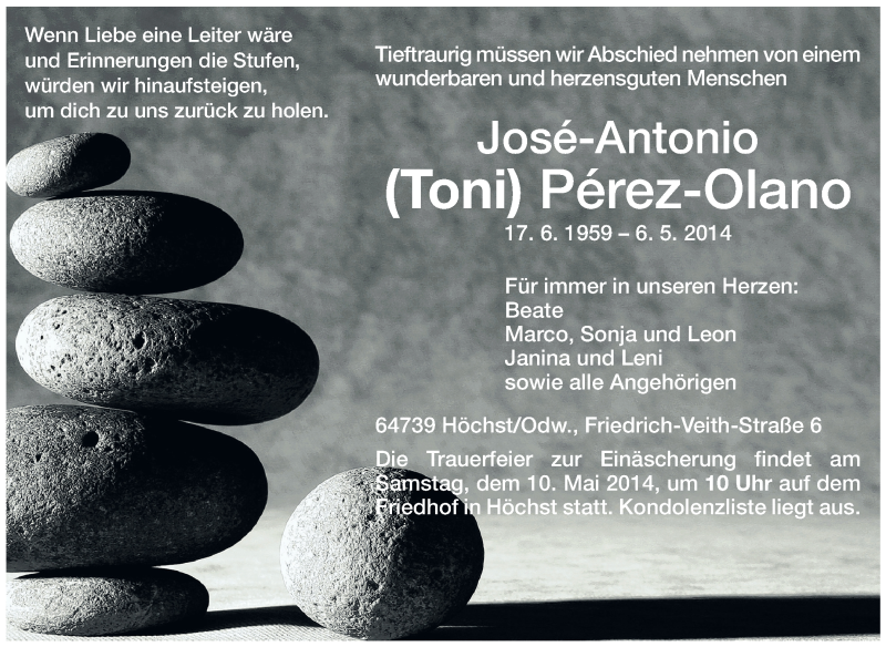  Traueranzeige für José-Antonio Perez-Olano vom 08.05.2014 aus Odenwälder Echo