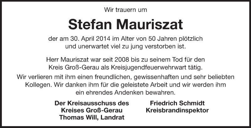  Traueranzeige für Stefan Mauriszat vom 10.05.2014 aus Rüsselsheimer Echo, Groß-Gerauer-Echo, Ried Echo