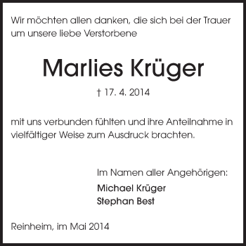 Traueranzeige von Marlies Krüger von Darmstädter Echo, Odenwälder Echo, Rüsselsheimer Echo, Groß-Gerauer-Echo, Ried Echo