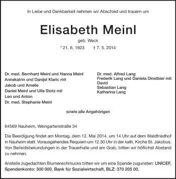 Traueranzeige von Elisabeth Meinl von Rüsselsheimer Echo, Groß-Gerauer-Echo, Ried Echo