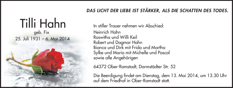  Traueranzeige für Tilli Hahn vom 10.05.2014 aus Echo-Zeitungen (Gesamtausgabe)