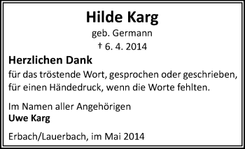 Traueranzeige von Hilde Karg von Odenwälder Echo
