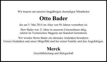 Traueranzeige von Otto Bader von Echo-Zeitungen (Gesamtausgabe)