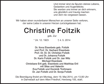 Traueranzeige von Christine Foitzik von Echo-Zeitungen (Gesamtausgabe)