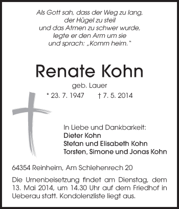 Traueranzeige von Renate Kohn von Darmstädter Echo, Odenwälder Echo, Rüsselsheimer Echo, Groß-Gerauer-Echo, Ried Echo