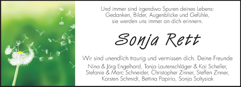  Traueranzeige für Sonja Rett vom 10.05.2014 aus Echo-Zeitungen (Gesamtausgabe)