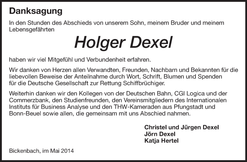  Traueranzeige für Holger Dexel vom 17.05.2014 aus Echo-Zeitungen (Gesamtausgabe)