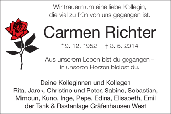 Traueranzeige von Carmen Richter von Rüsselsheimer Echo, Groß-Gerauer-Echo, Ried Echo