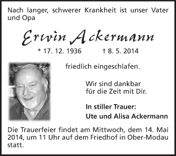 Traueranzeige von Erwin Ackermann von Darmstädter Echo, Odenwälder Echo, Rüsselsheimer Echo, Groß-Gerauer-Echo, Ried Echo