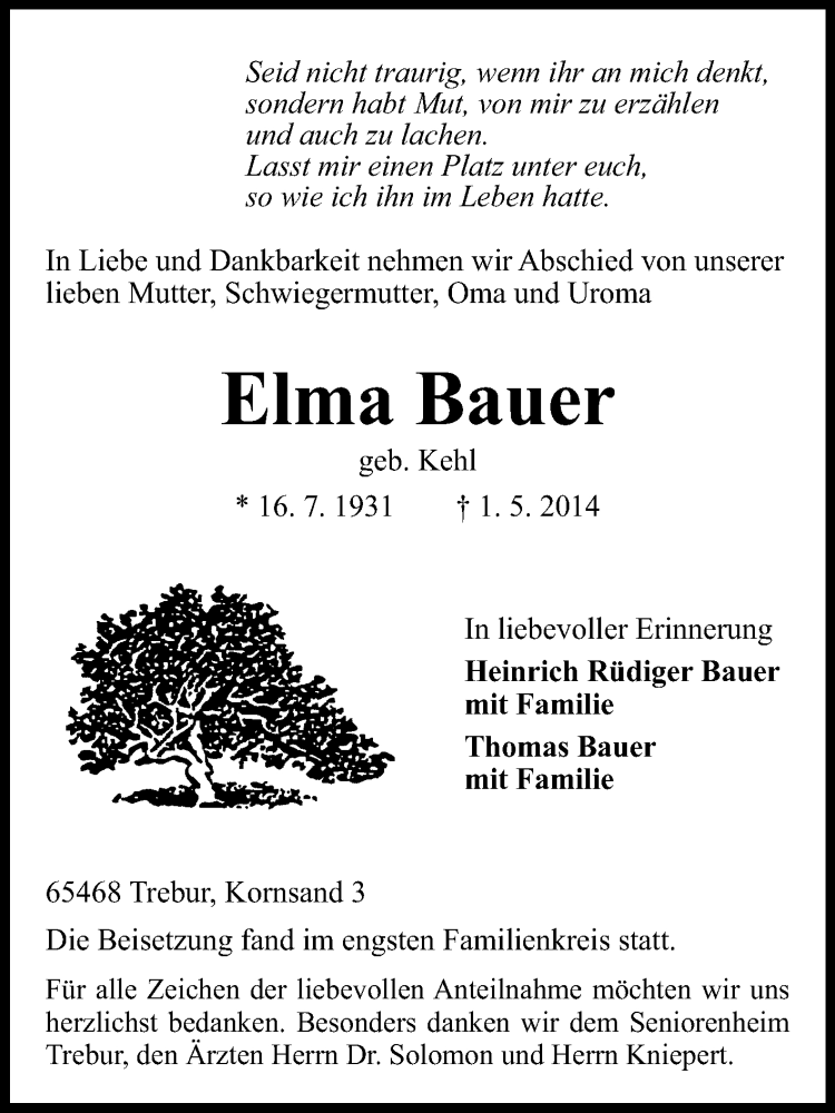  Traueranzeige für Elma Bauer vom 10.05.2014 aus Rüsselsheimer Echo, Groß-Gerauer-Echo, Ried Echo