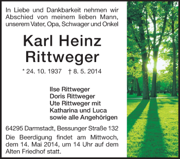 Traueranzeige von Karl Heinz Rittweger von Echo-Zeitungen (Gesamtausgabe)