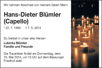 Traueranzeige von Hans-Dieter Blümler von Echo-Zeitungen (Gesamtausgabe)