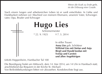 Traueranzeige von Hugo Lies von Starkenburger Echo, Bergsträßer Anzeiger