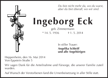 Traueranzeige von Ingeborg Eck von Starkenburger Echo