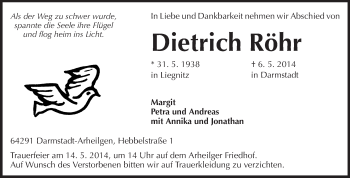 Traueranzeige von Dietrich Röhr von Echo-Zeitungen (Gesamtausgabe)