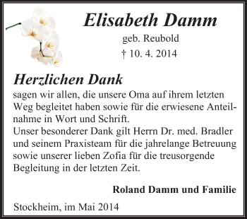 Traueranzeige von Elisabeth Damm von Odenwälder Echo