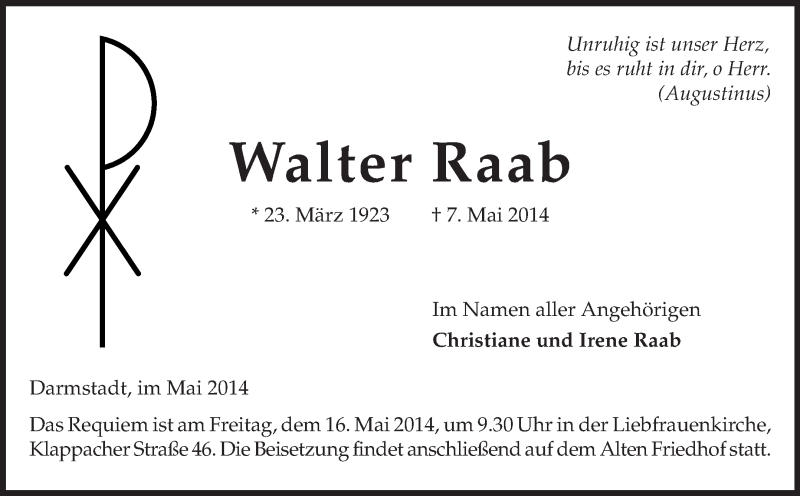  Traueranzeige für Walter Raab vom 10.05.2014 aus Echo-Zeitungen (Gesamtausgabe)