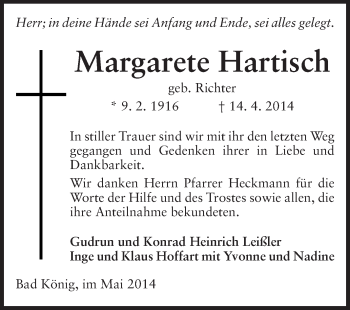 Traueranzeige von Margarete Hartisch von Odenwälder Echo