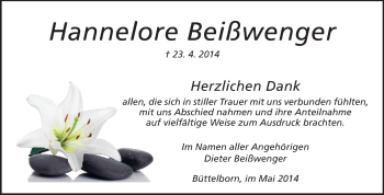 Traueranzeige von Hannelore Beißwenger von Rüsselsheimer Echo, Groß-Gerauer-Echo, Ried Echo